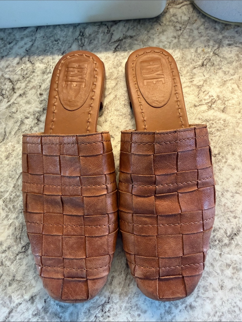 Frye Woven Leather Slide Mules - Cognac Brown